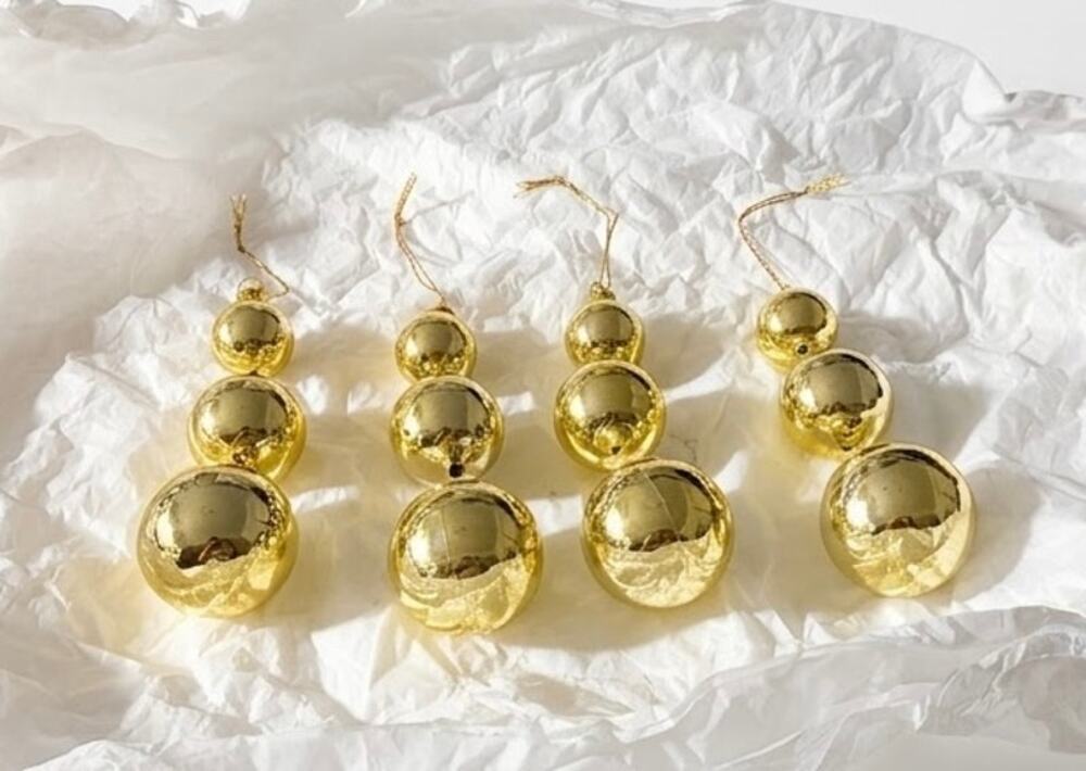 Vintage Gold Glass Tiered Triple Ball Drop Christmas Ornaments - Set of 4